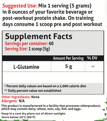 Glutamine Supports metabolic and heart health! Helps fuel post-workout recovery! Fantastic for gut barrier maintenance (gut health) when taken in the morning on an empty stomach! Wonderful support for normal immune function! Studies have shown Glutamine c