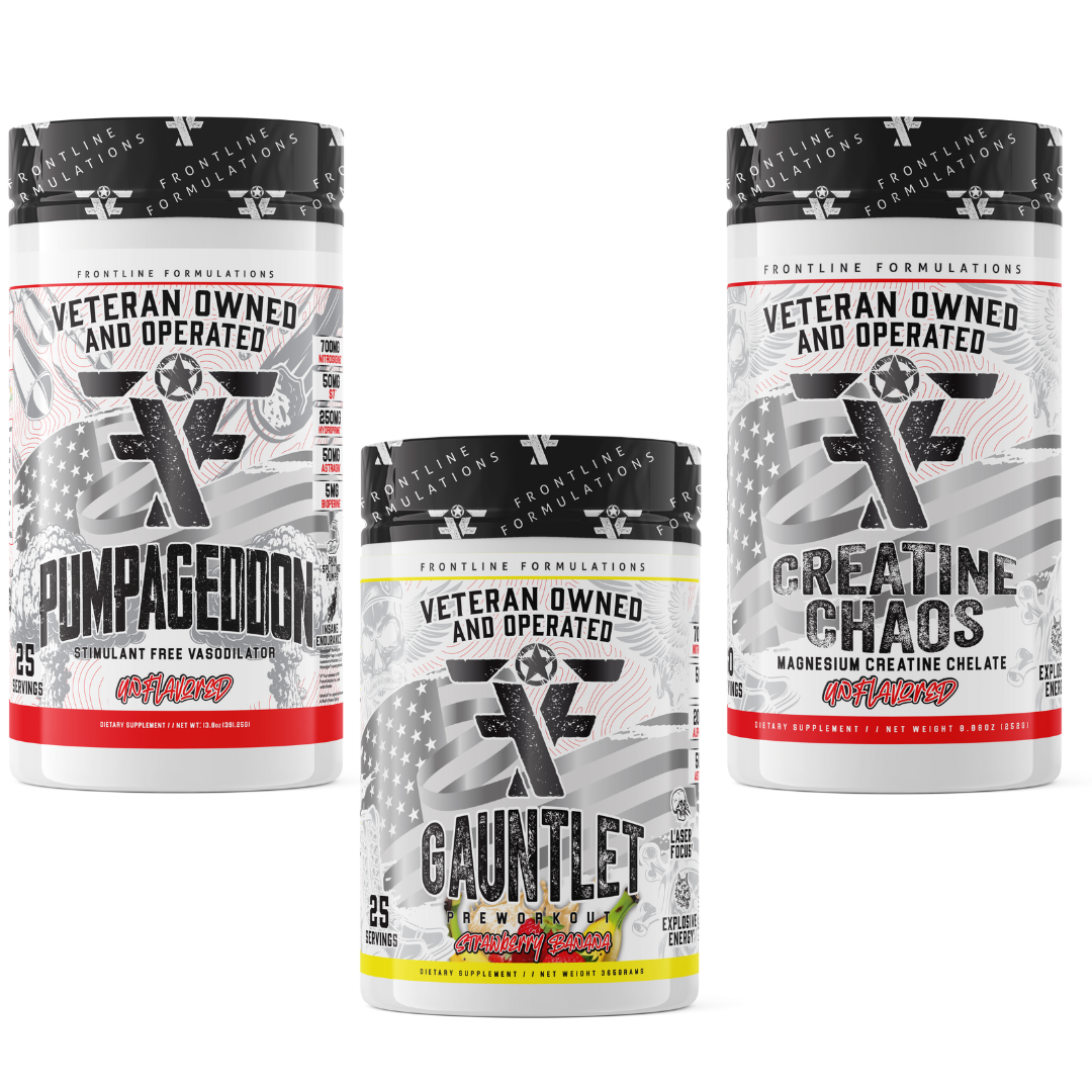 Pumpageddon Gauntlet Creatine Chaos Stack GAUNTLET Quickly becoming one of the most sought-after mid-stim pres on the market! Boasting 275mg of caffeine combined with 50mg of astragin for almost instant absorption! 300mg of L-Theanine to prevent jitters a