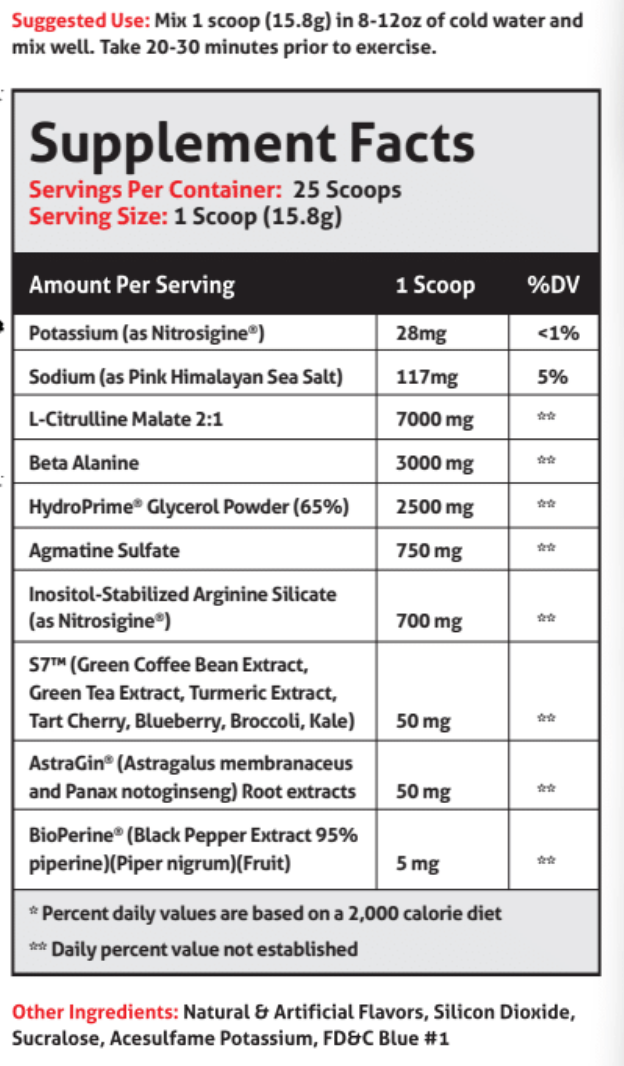 Pumpageddon Strap in! This concoction is for people who chase only the most ridiculous pumps! With a jaw-dropping 7,000mg of L-Citruline Malate and key ingredients like nitrosigine, beta alanine, and S7, this caffeine-free pre-workout will give you the sk